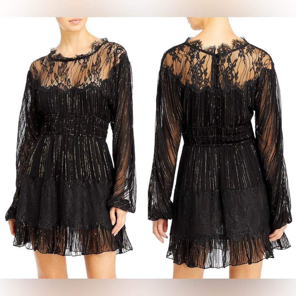 LoveShackFancy Coventry Black Mini Dress With Lace & Metallic